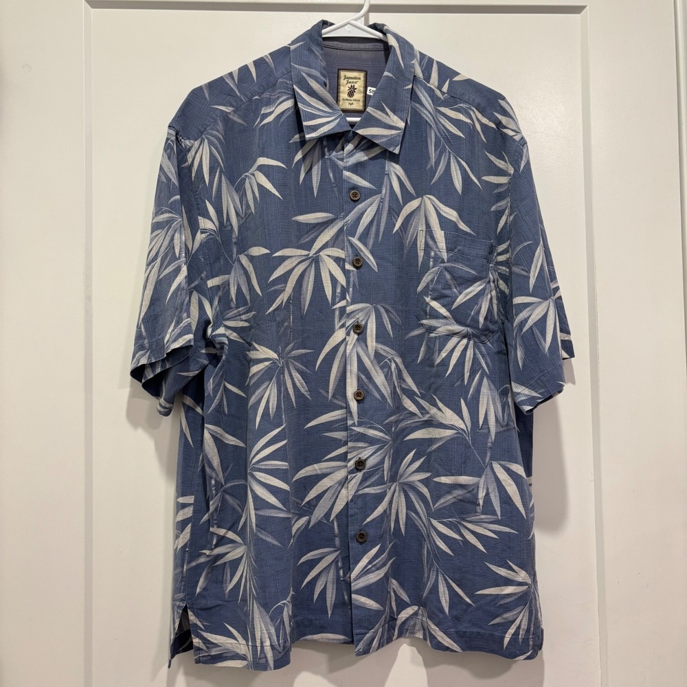 Jamaica Jaxx Mens Large Blue Silk Bamboo Leaf Tropical Short Sleeve Button Shirt